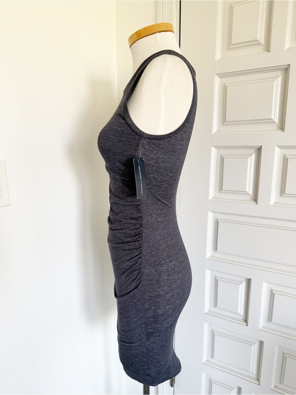 NWT Melrose and Market Dark Blue Navy Heathered Dress Sleeveless Ruched Bodycon - Picture 6 of 13